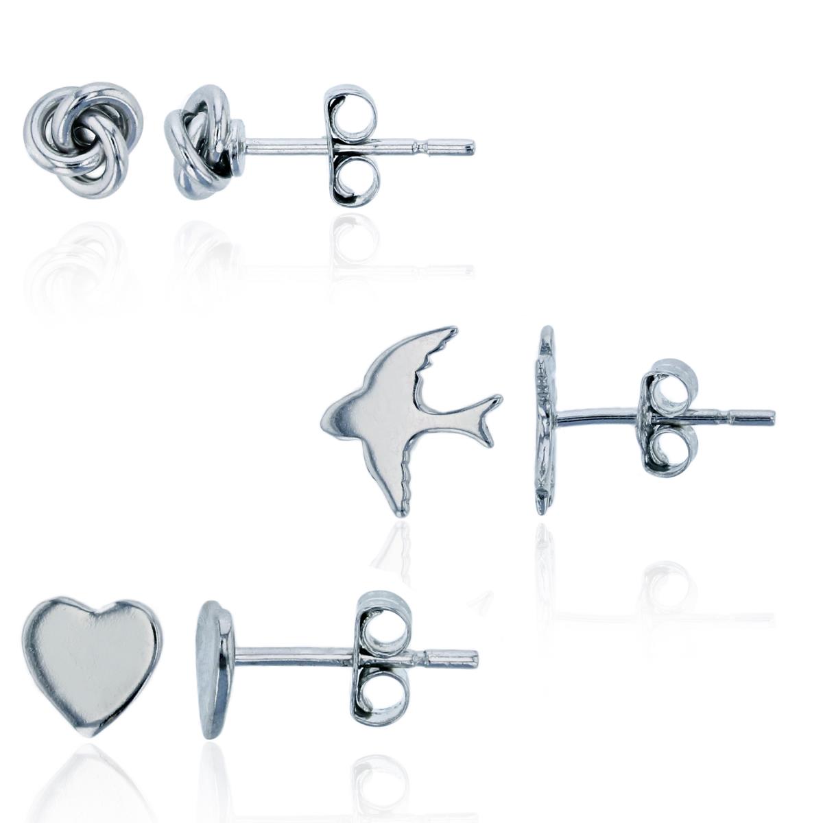 Sterling Silver Rhodium Polished Knot, Bird & Heart Stud Earring Set