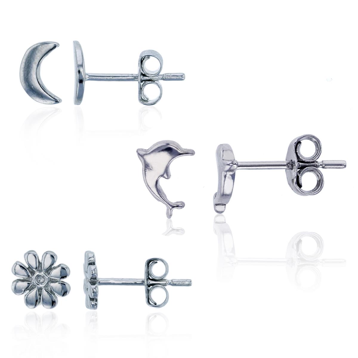 Sterling Silver Rhodium Polished Moon, Dolphin & Flower Stud Earring Set
