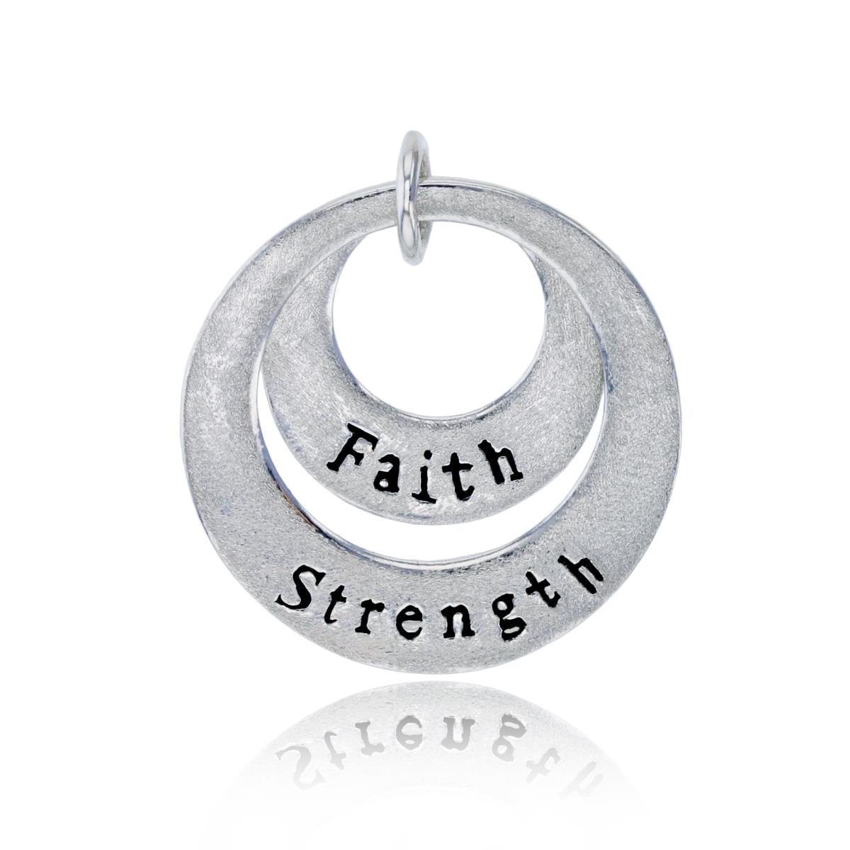 Sterling Silver Rhodium Satin Double Circles "FAITH & STRENGTH" Charm Pendant