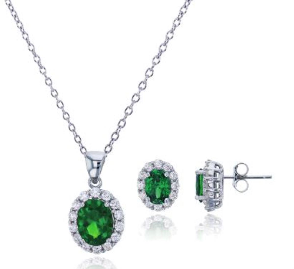 Sterling Silver Rhodium Emerald Oval Cut CZ Stud and 18" Necklace Set