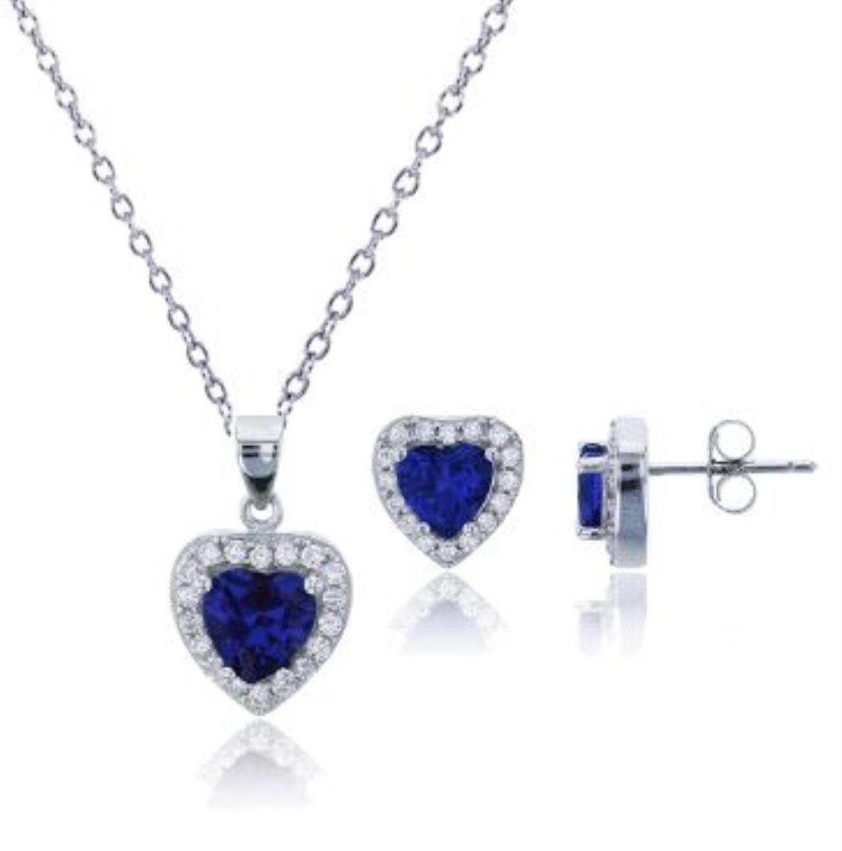 Sterling Silver Rhodium Sapphire Heart Cut CZ Stud and 18" Necklace Set