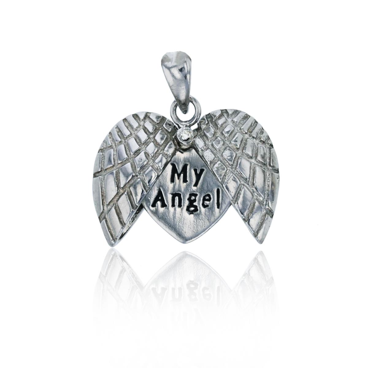 Sterling Silver Rhodium Opening Textured Heart Reveling "My Angel" Pendant