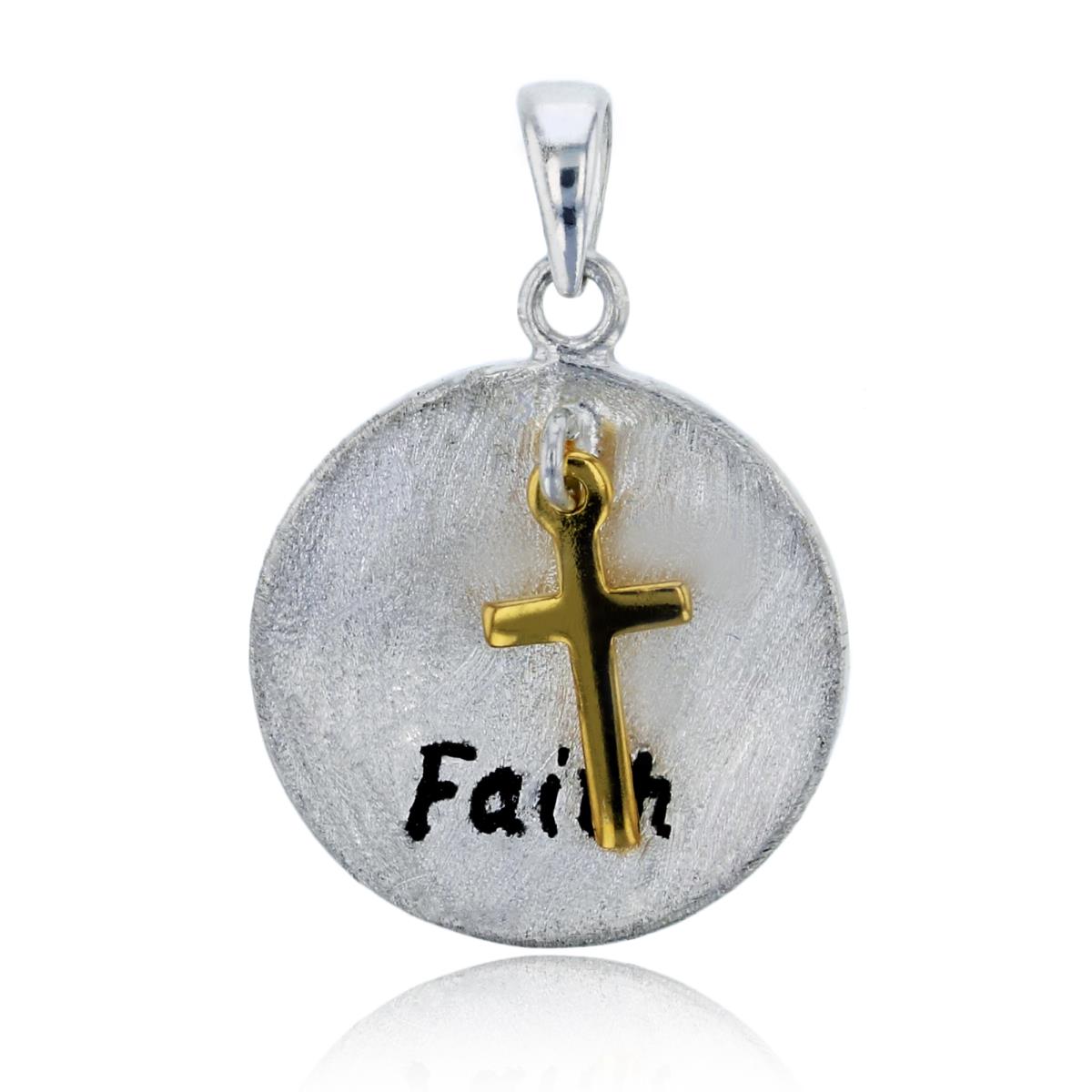Sterling Silver Two-Tone Satin Circle with "Faith" Engraved Cross Pendant