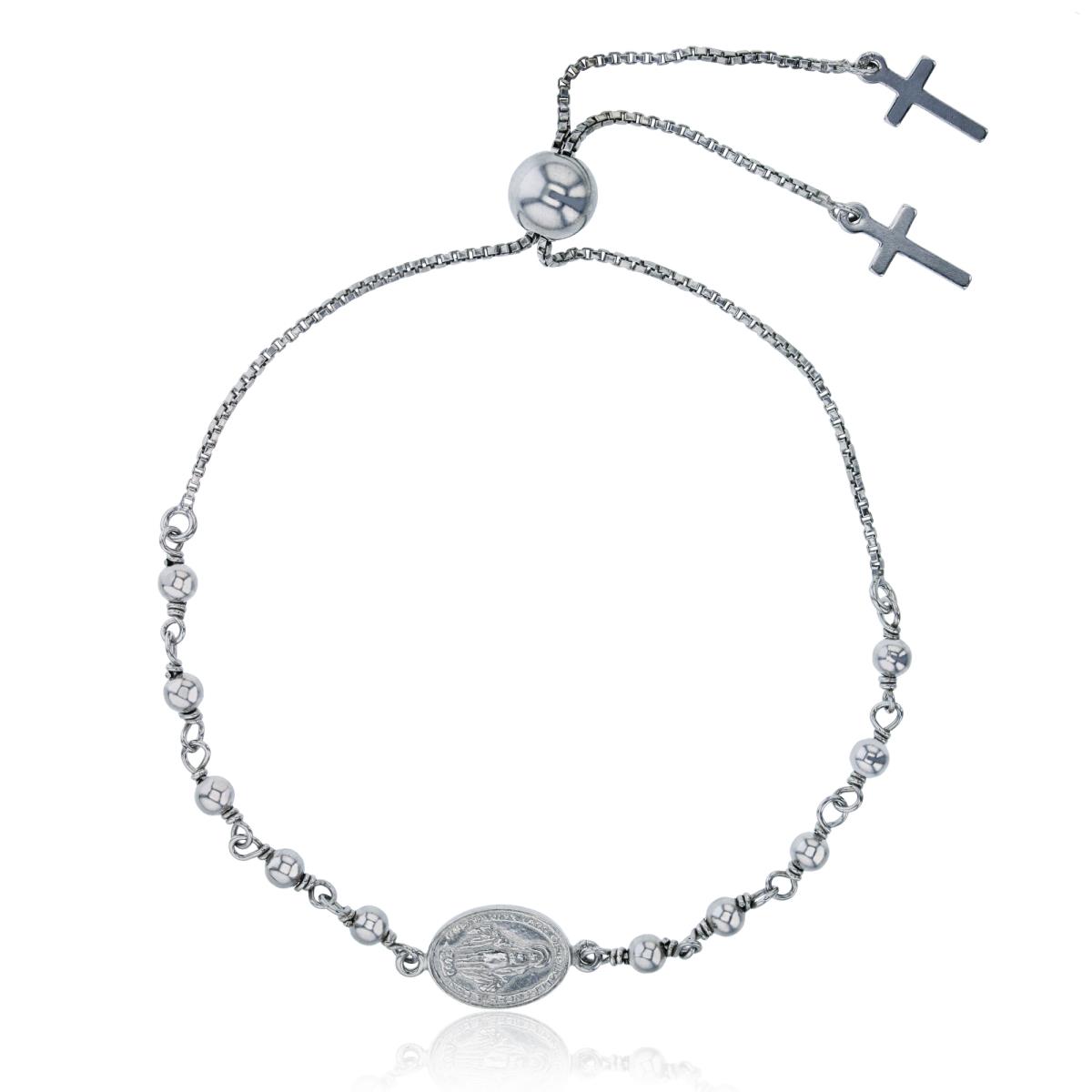 Sterling Silver Rhodium Oval Virgin Mary Medal & Dangling Crosses Adjustable Bracelet