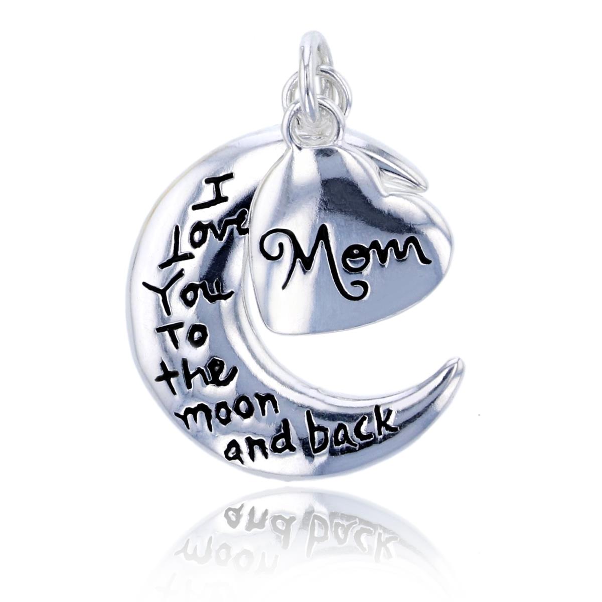 Sterling Silver Rhodium "I Love You To The Moon & Back" Moon & "Mom" Heart Pendant
