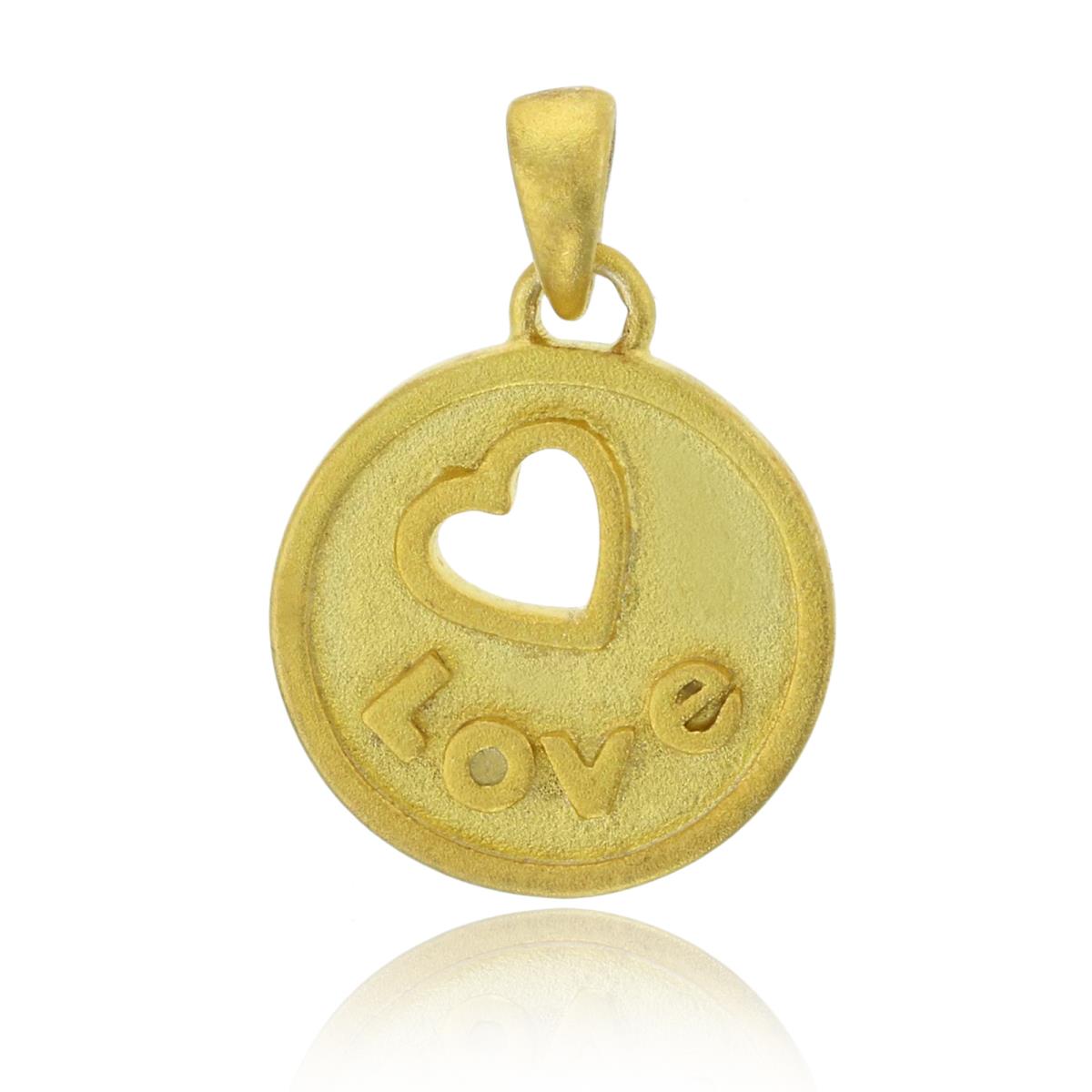 Sterling Silver Yellow "LOVE" & Open Heart Sandblast Circle Pendant