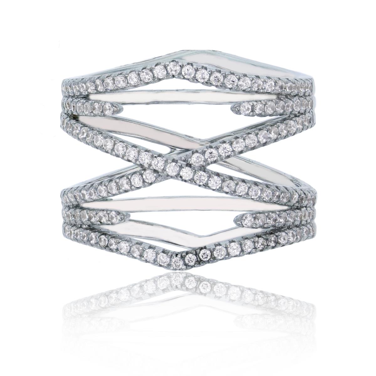Sterling Silver Rhodium Pave 17mm X Cross Fashion Cocktail Ring 