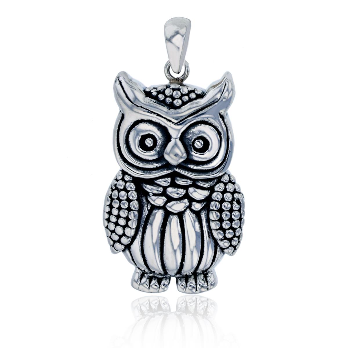 Sterling Silver Oxidized 33x16mm Antique Owl Dangling Pendant