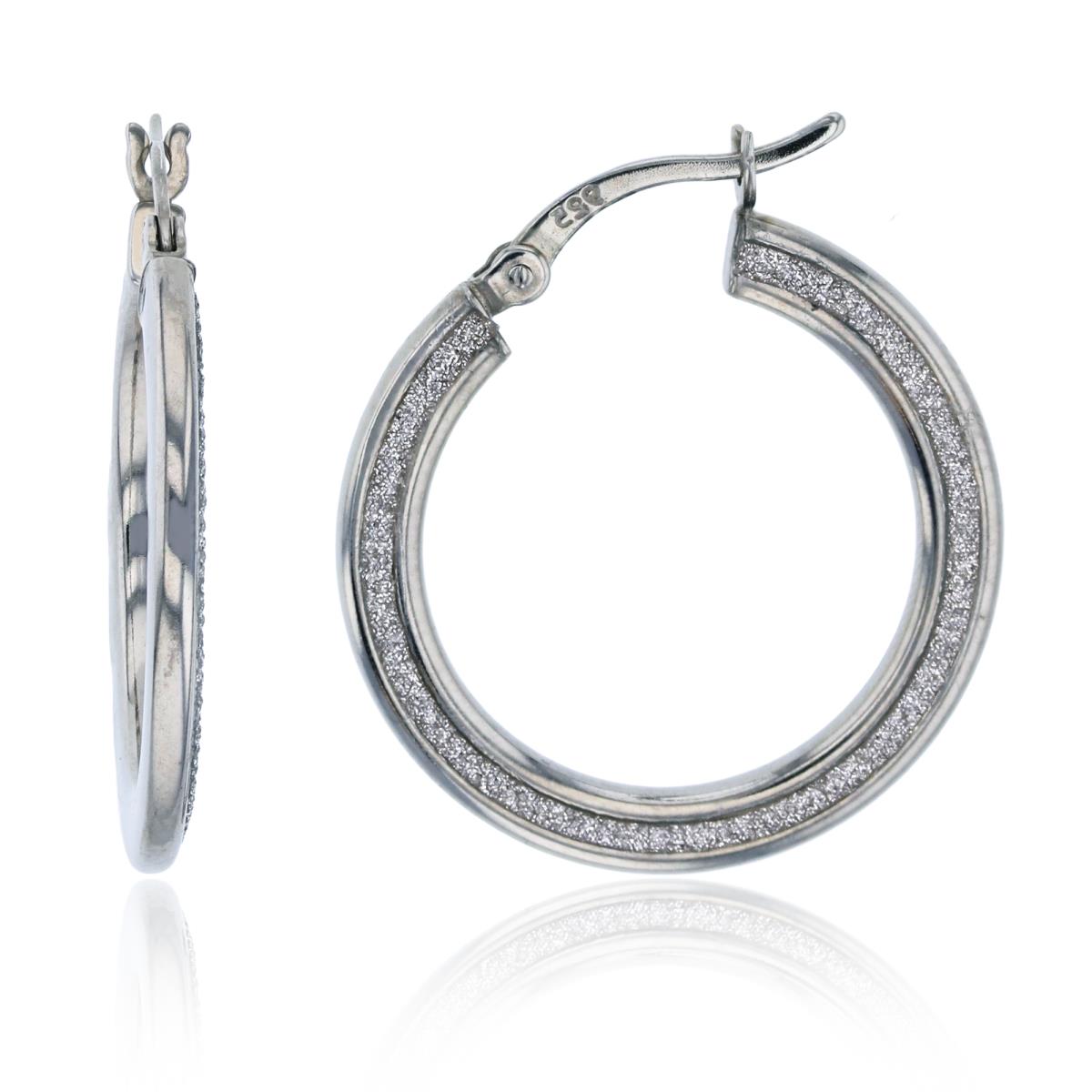 Sterling Silver Rhodium 25x2mm Glitter Flat Hoop Earring