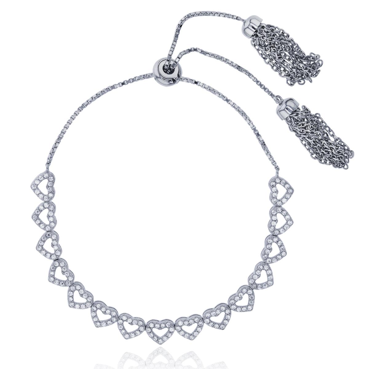 Sterling Silver Rhodium Pave Open Heart Tassel Adjustable Bracelet