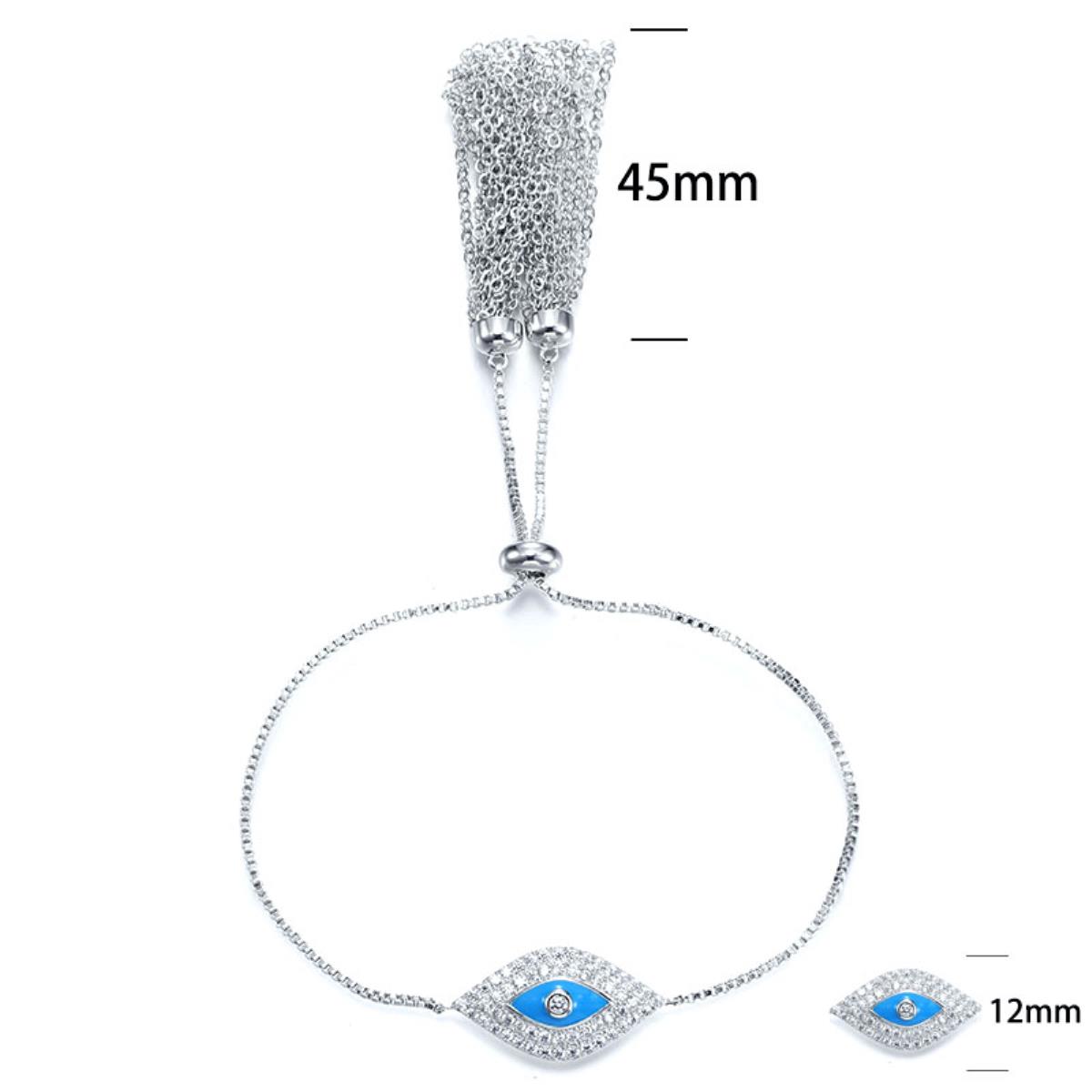 Sterling Silver Rhodium Pave Blue 12mm Enamel Evil Eye Tassel Adjustable Bracelet