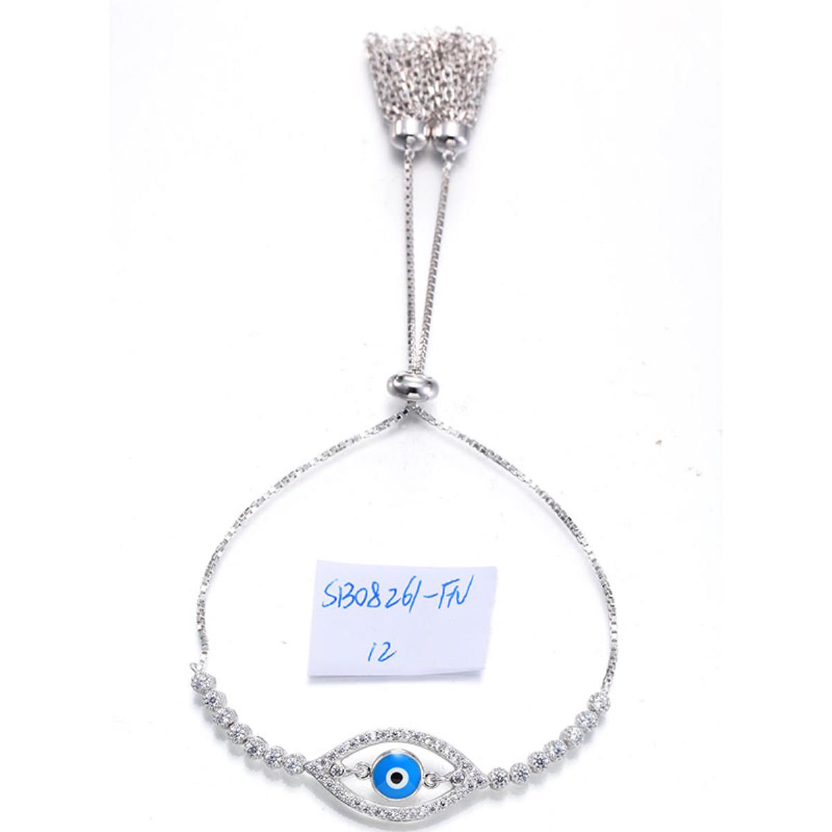 Sterling Silver Rhodium Enamel Evil Eye 12mm Milgrain Rd Bezel Tassel Adjustable Bracelet