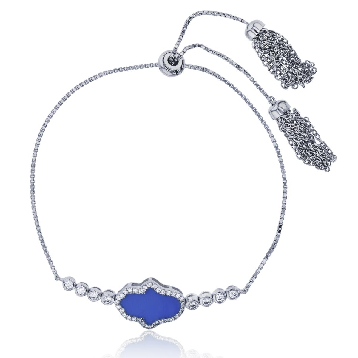 Sterling Silver Rhodium Blue Enamel Hamsa Rd Bezel 12.5mm  Tassel Adjustable Bracelet