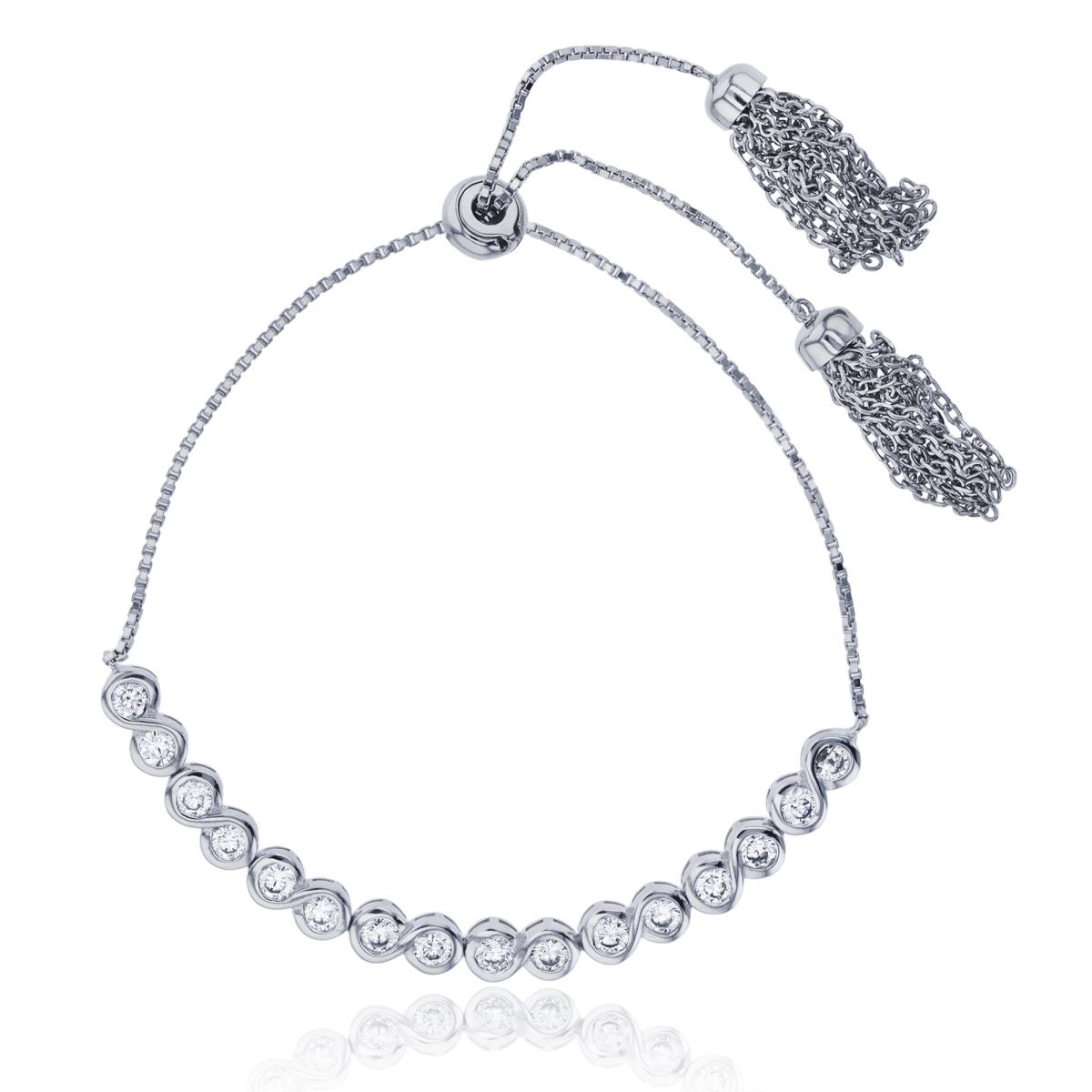 Sterling Silver Rhodium Rd Bezel Infinity Tassel Adjustable Bracelet 