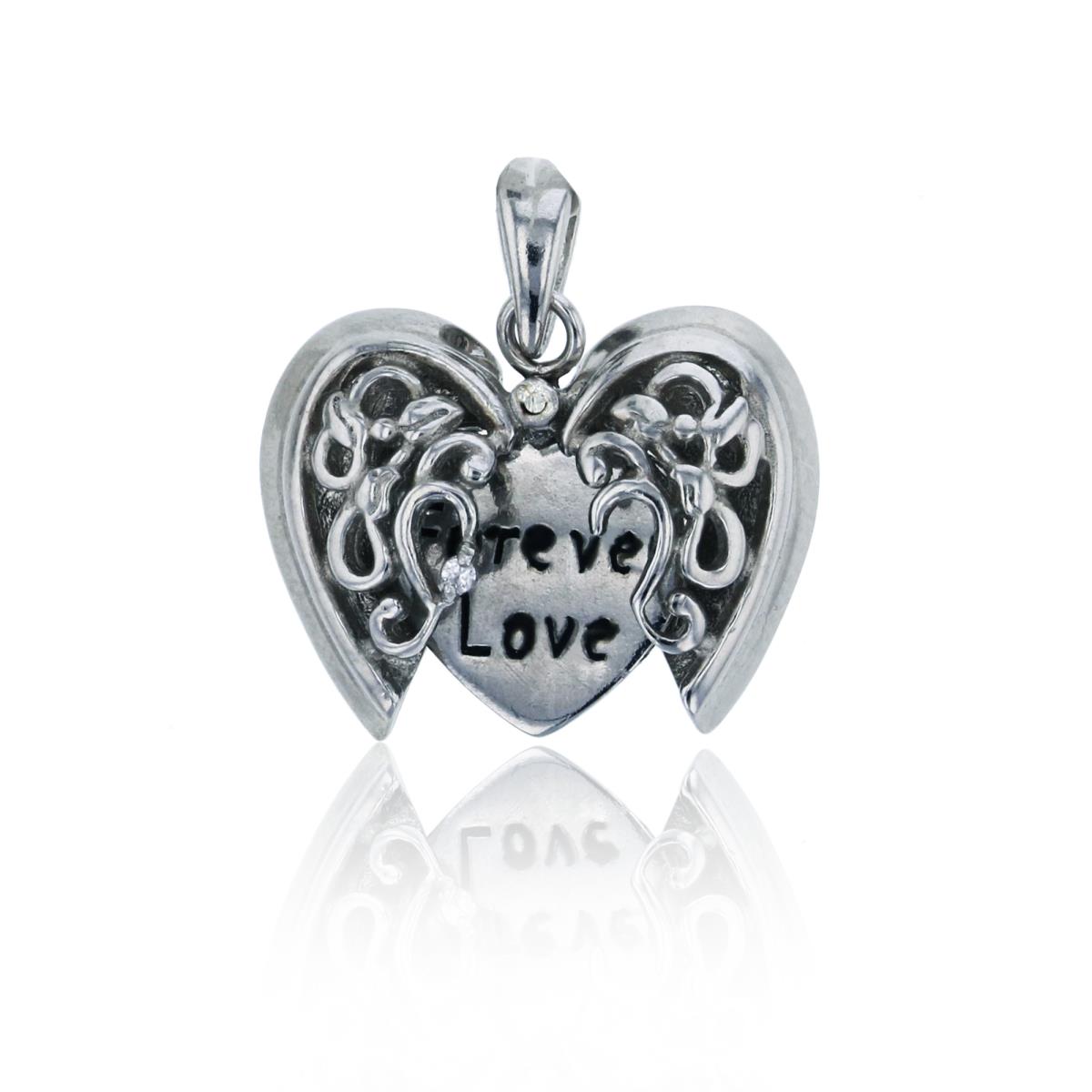 Sterling Silver Rhodium Filigree Open Heart Reveling "Forever Love" Pendant
