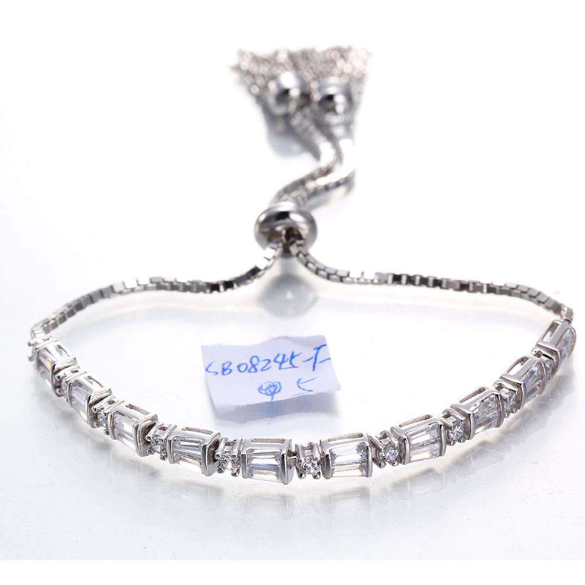 Sterling Silver Rhodium Tapered Baguette Tassel Adjustable Bracelet