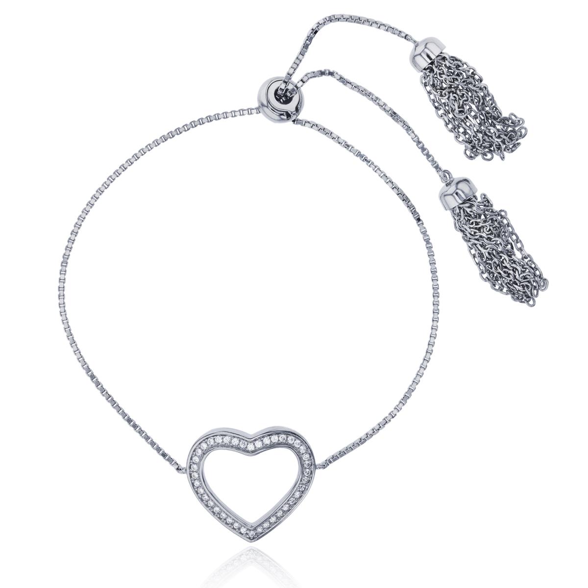 Sterling Silver Rhodium Pave 17.50mm Open Heart Tassel Adjustable Bracelet