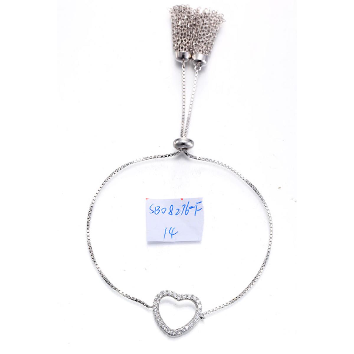 Sterling Silver Rhodium Pave 14mm Open Heart Tassel Adjustable Bracelet