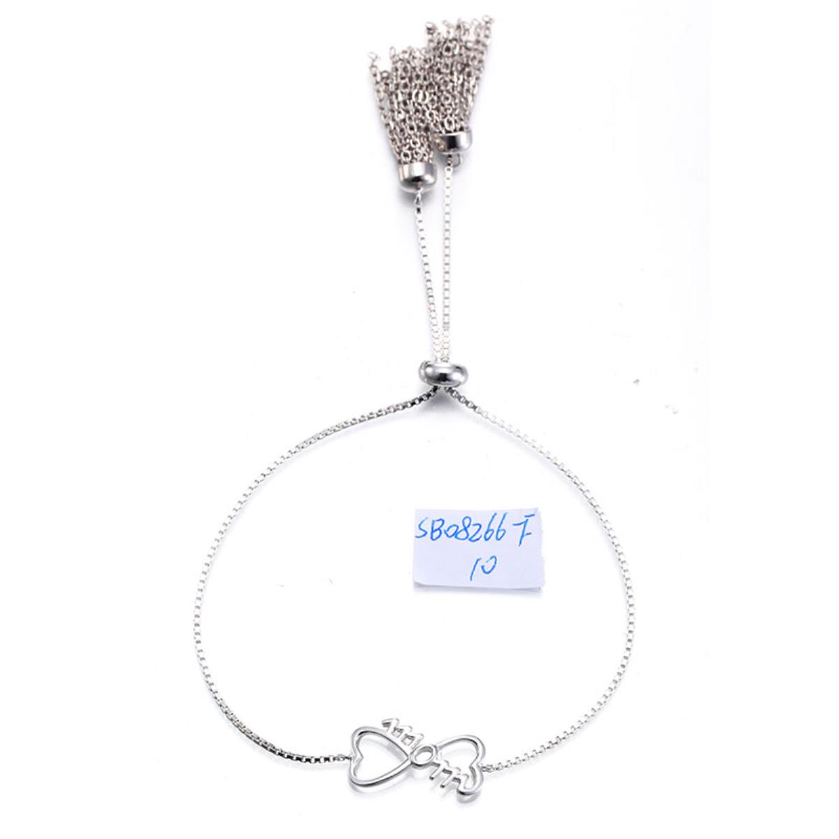 Sterling Silver Rhodium Polished MOM Heart Infinity Tassel Adjustable Bracelet