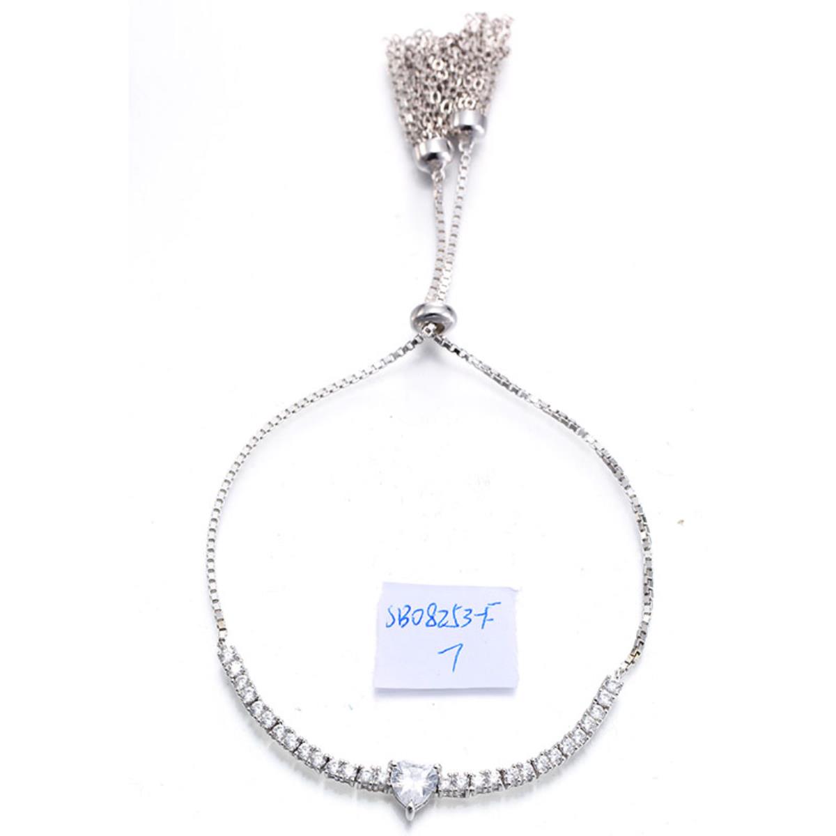 Sterling Silver Rhodium Pave 6mm Heart Tassel Tennis Adjustable Bracelet
