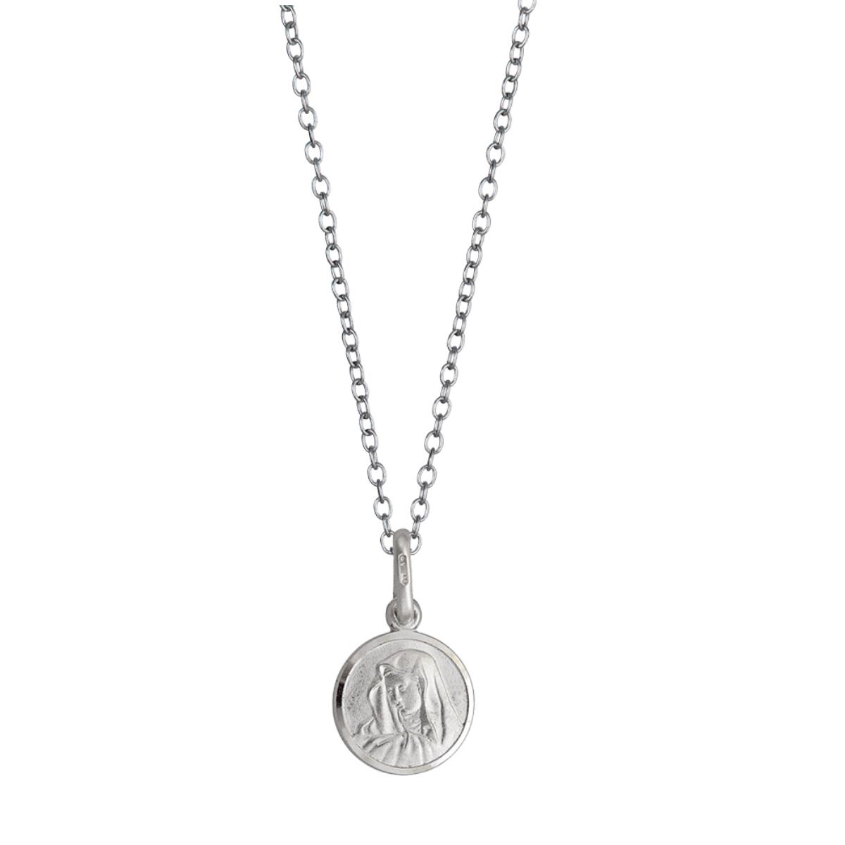 Sterling Silver Rhodium Oval Virgin Mary Medal 18" Necklace