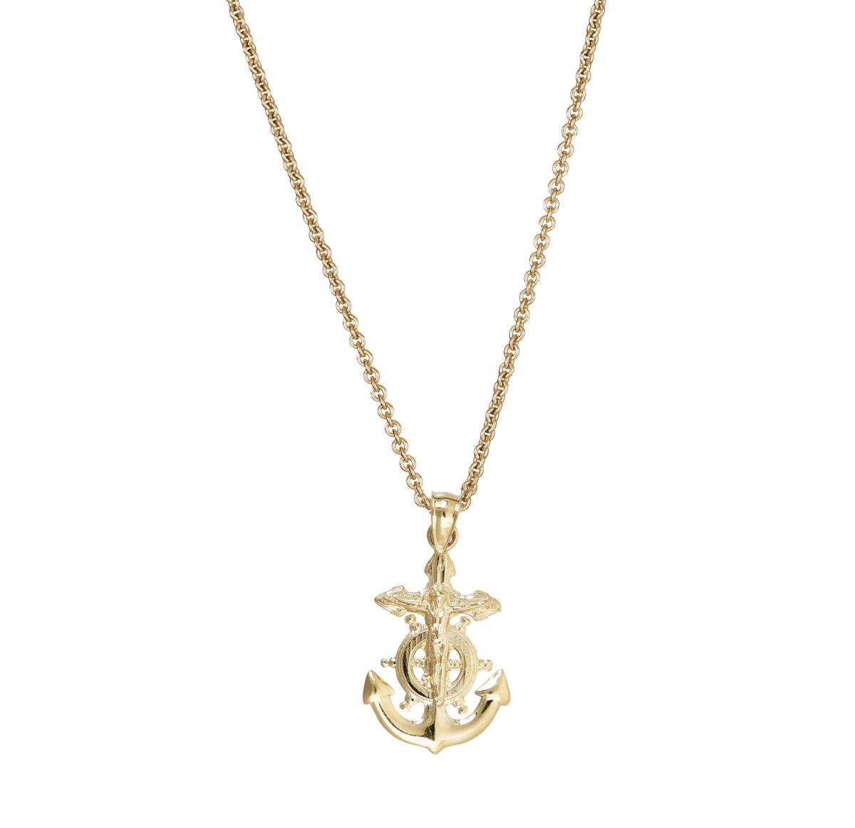 14K Yellow Gold Religious Nautical Cross Wheel & Anchor Necklace