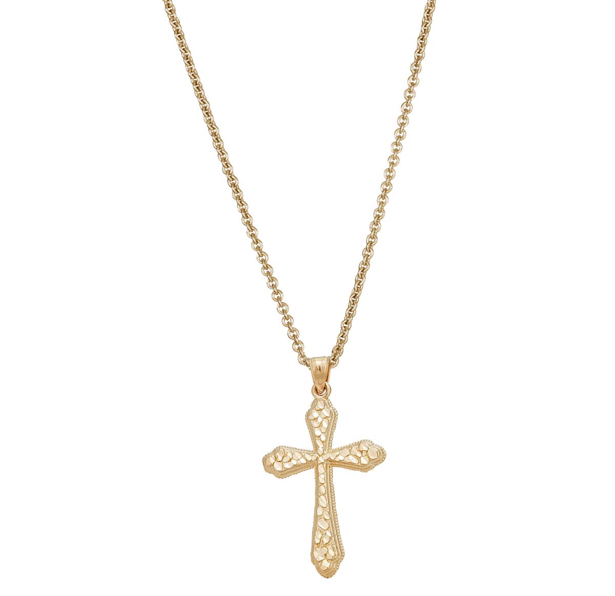 14K Yellow Gold DC Milgrain Religious Cross 18" Necklace