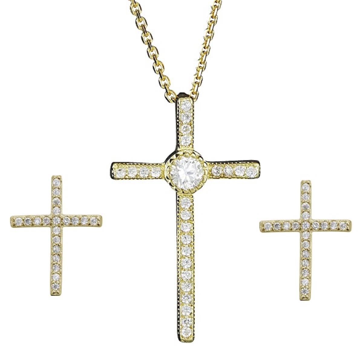 Sterling Silver Yellow 11.25X15MM CZ Micropave Cross 18" Necklace & Earring Set