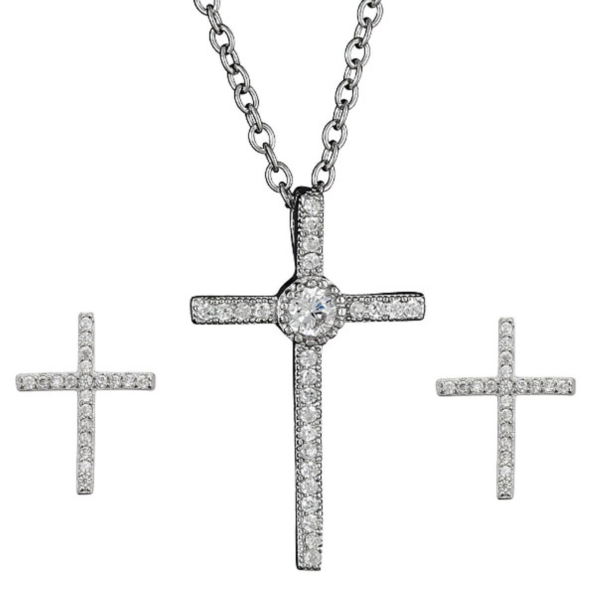 Sterling Silver Rhodium 11.25X15MM CZ Micropave Cross 18" Necklace & Earring Set