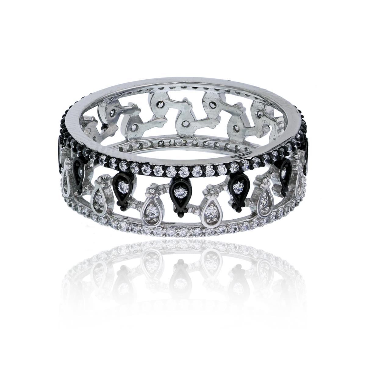 Sterling Silver Rhodium & Black Pave Teardrop Filigree Eternity Ring