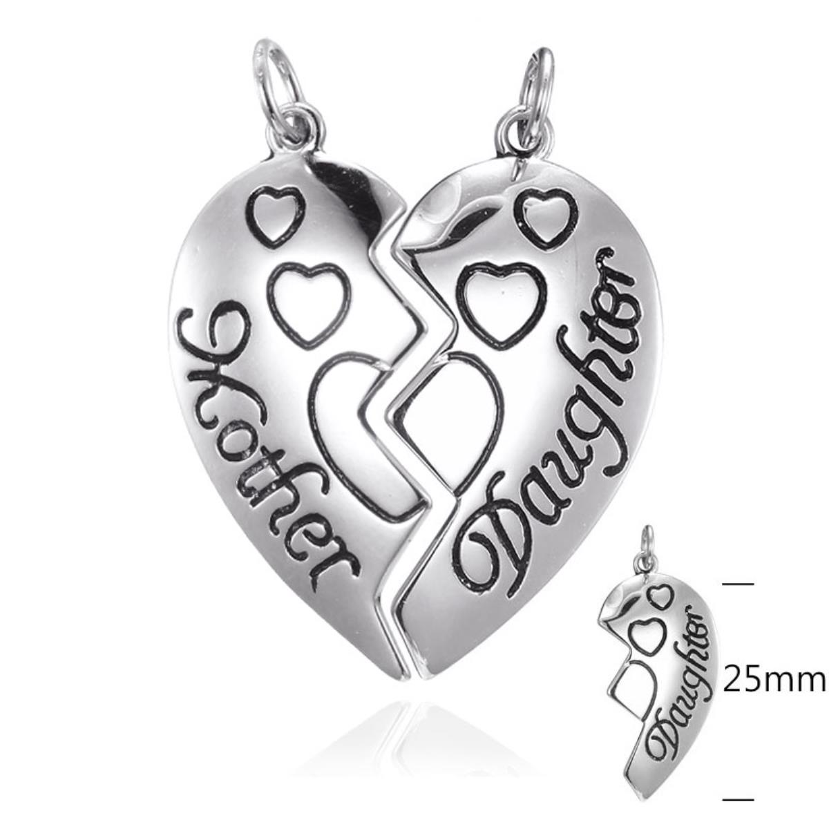 Sterling Silver Rhodium Rhodium Half Heart Mother and Daughter Pendant