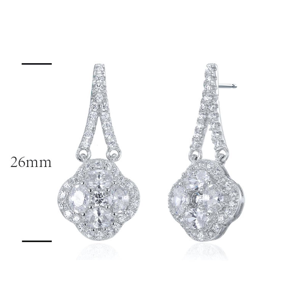 Sterling Silver Rhodium Pave Oval&Round Cut Clover Cluster Dangle Earring