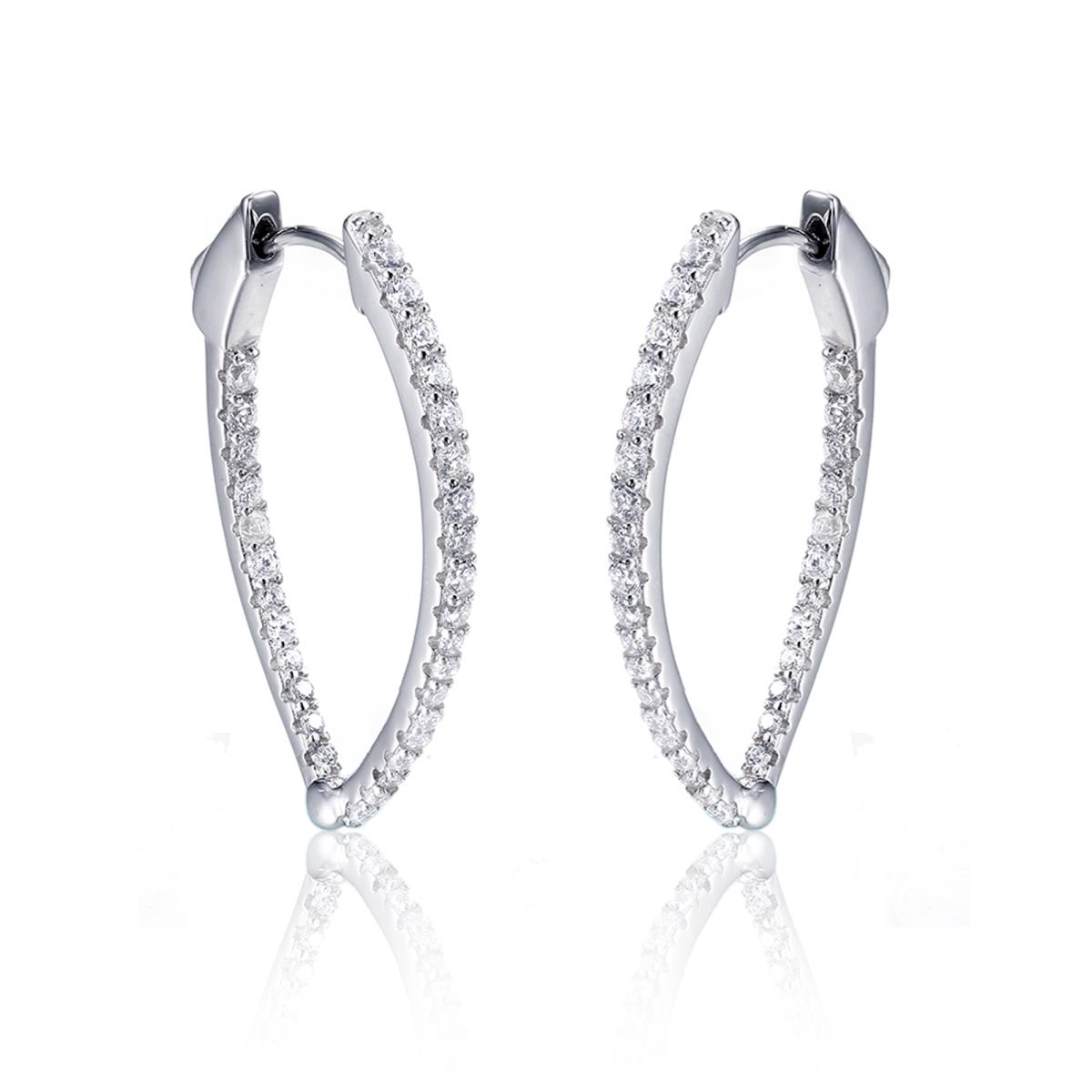 Sterling Silver Rhodium Pave 2x35mm Marquise Shaped Safelock Hoop Earring 