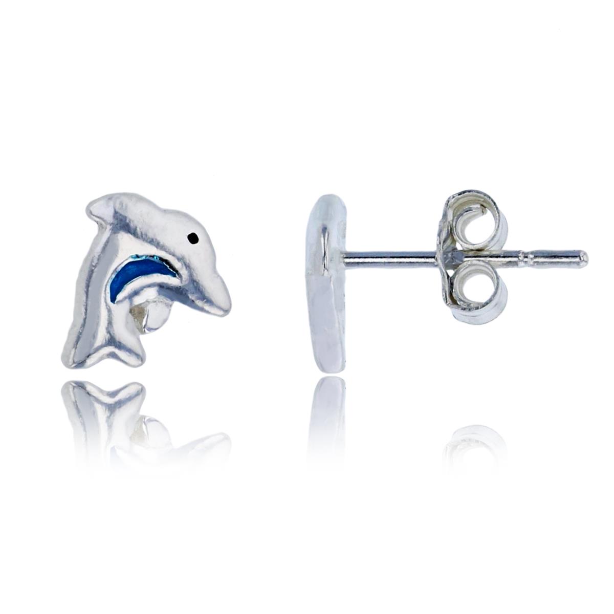 Sterling Silver Silver Plated 7x7mm Blue & Black Enamel Dolphin Stud Earring