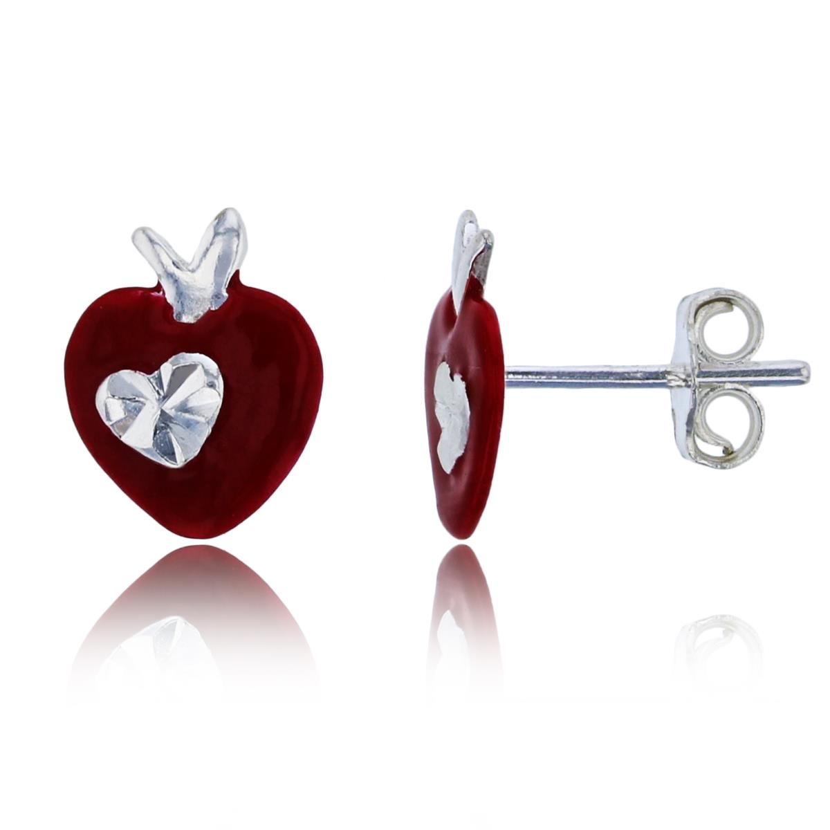 Sterling Silver Silver Plated 10x8mm Red Enamel Polished & DC Heart Stud Earring