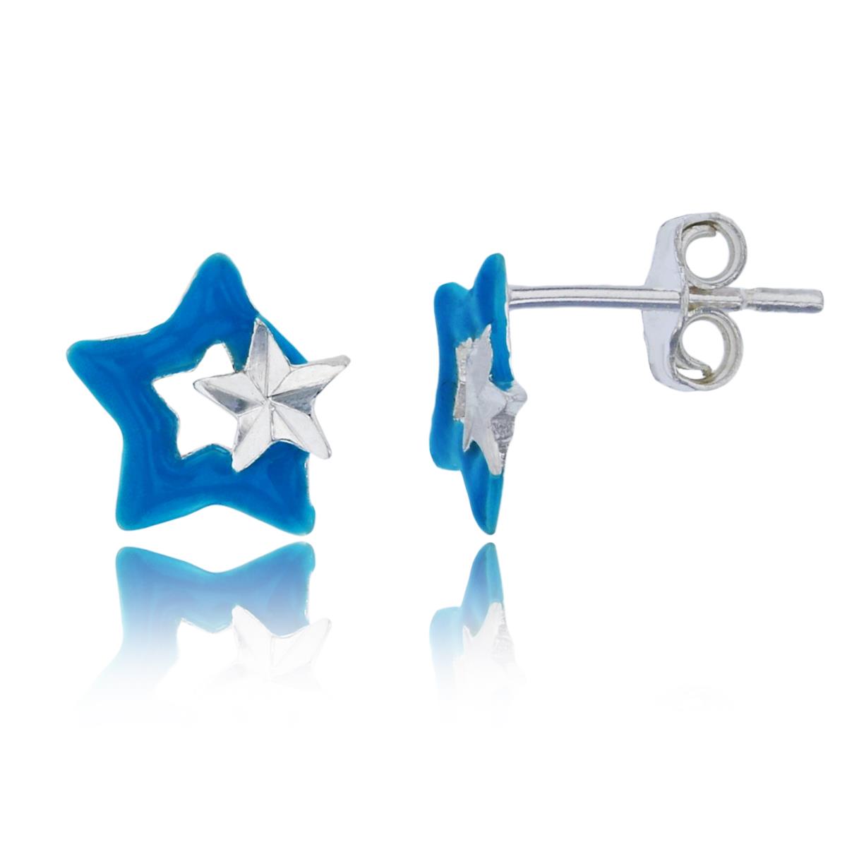 Sterling Silver Silver Plated 8x8mm Blue Enamel Polished & DC Star Stud Earring