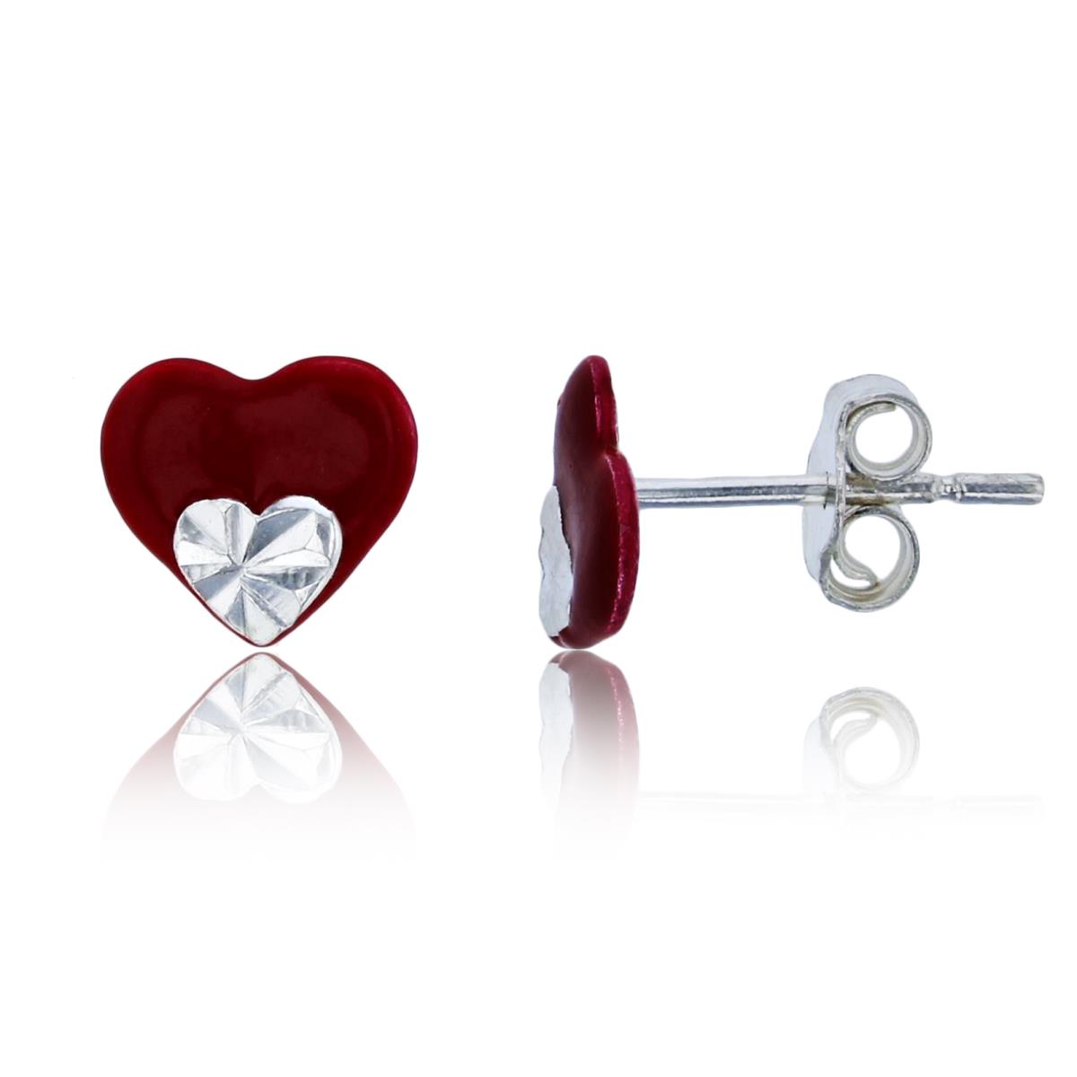 Sterling Silver Silver Plated 7mm Red Enamel and DC Hearts Stud Earring