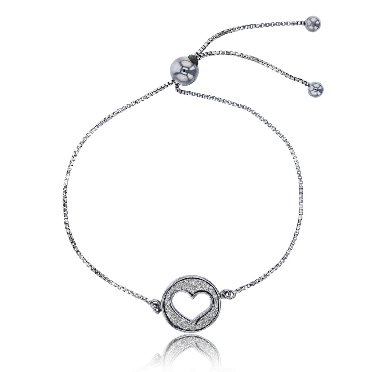 Sterling Silver Rhodium Open Heart Glitter Circle Adjustable Bracelet