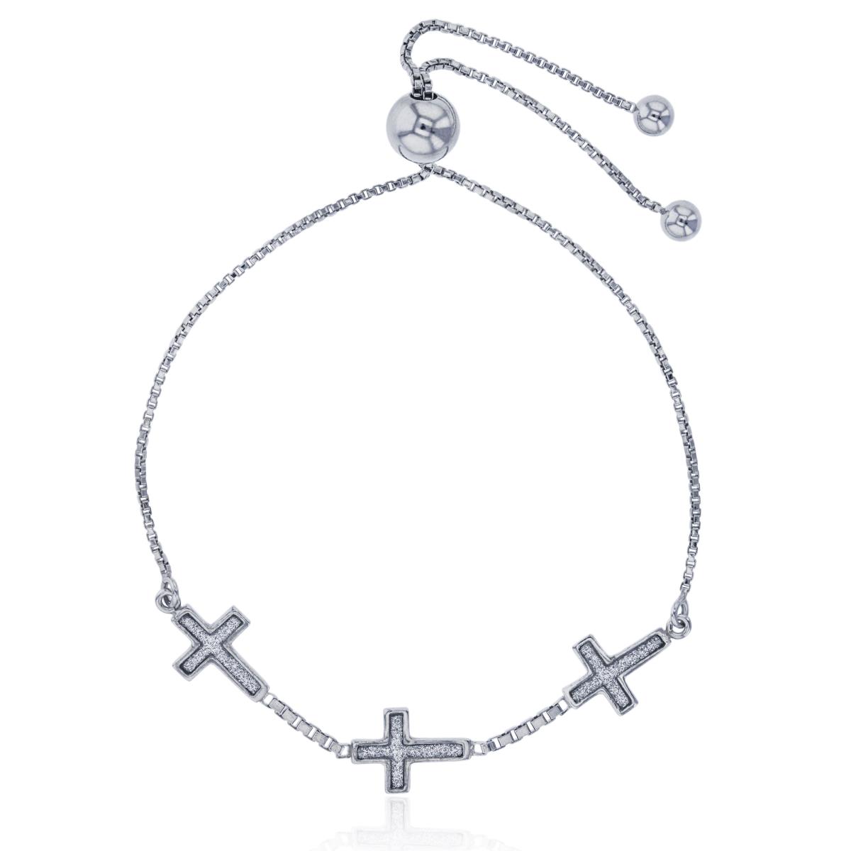 Sterling Silver Rhodium Glitter Triple Crosses Adjustable Bracelet
