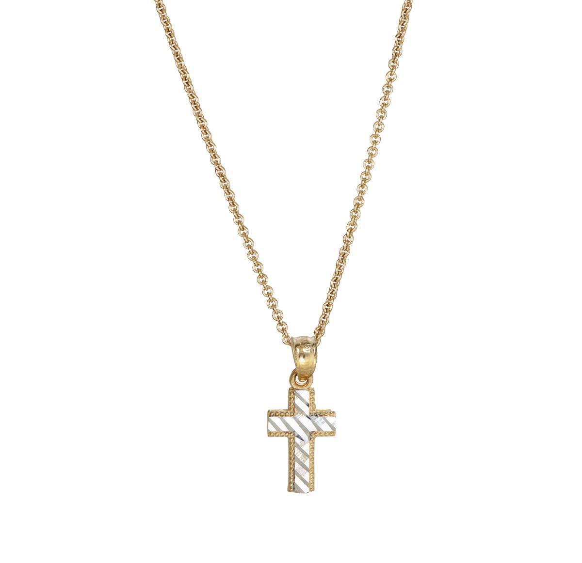 14K Two-Tone Yellow & White 18x8mm  Gold Diagonal DC Cross 18" Necklace