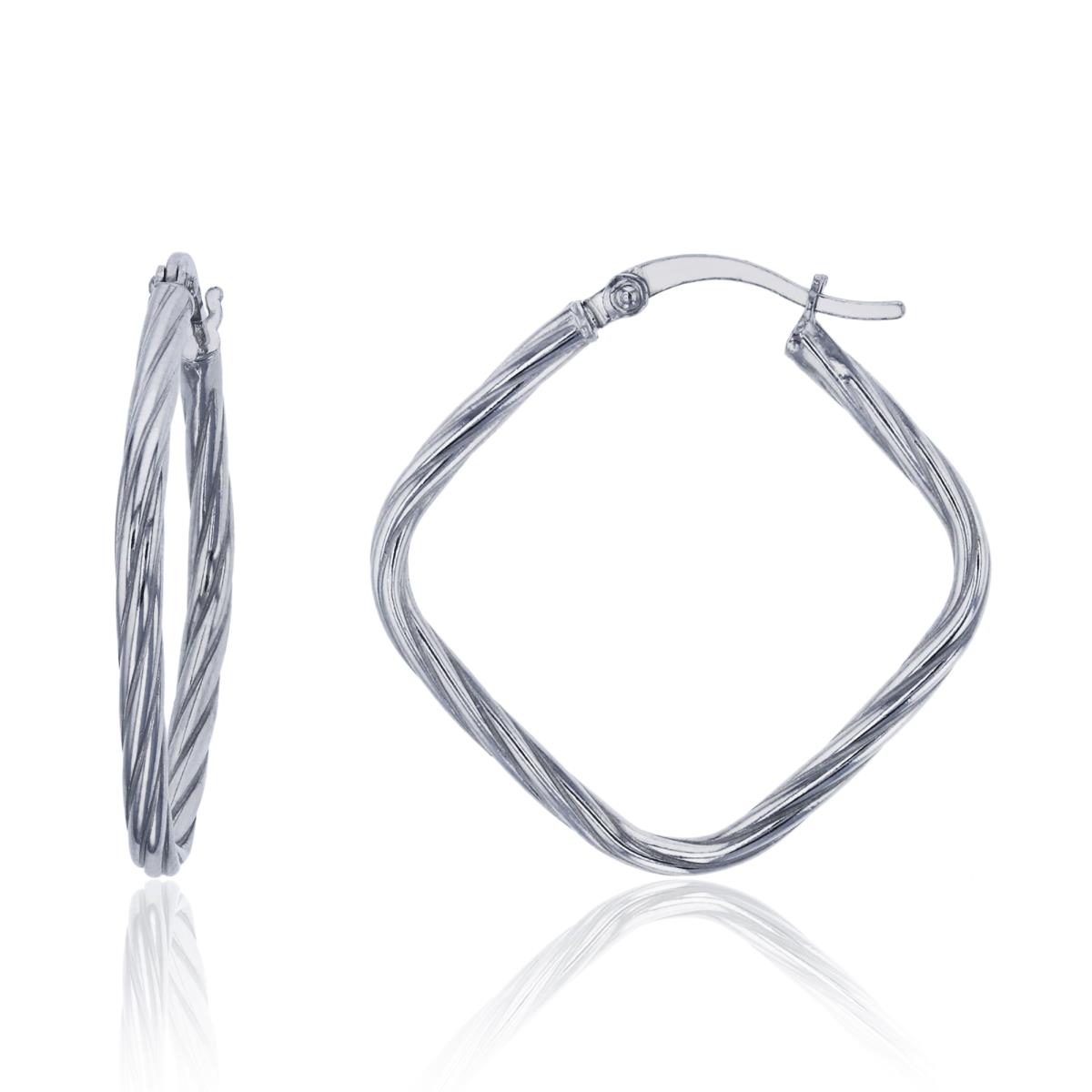 Sterling Silver Rhodium 30x2mm Textured Squared Hoop Earring