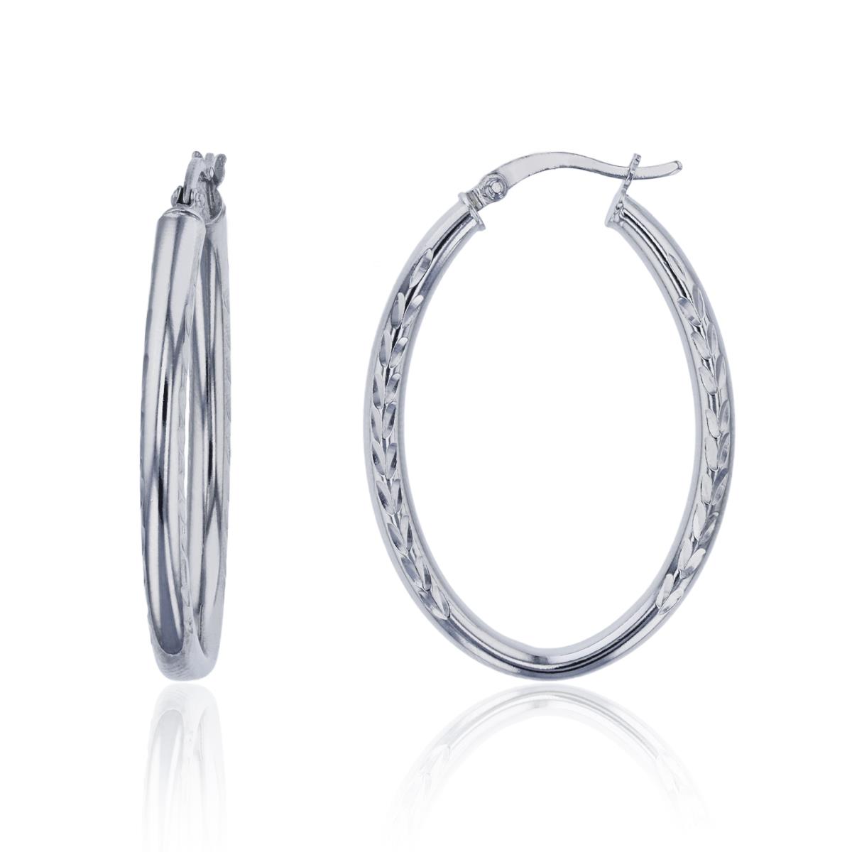 Sterling Silver Rhodium 35x3mm Polished & DC Oval Hoop Earring