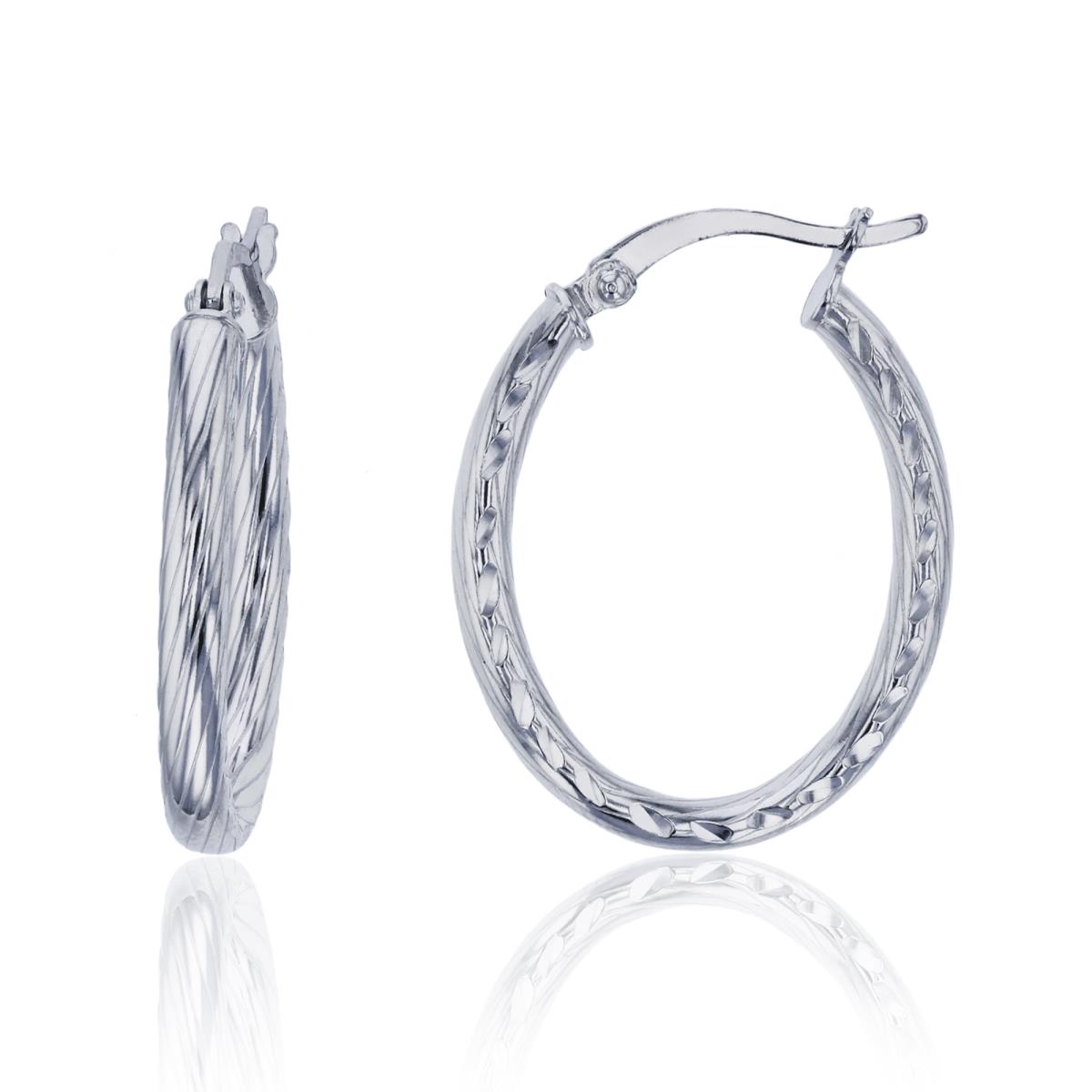 Sterling Silver Rhodium 25x3mm Polished & DC Twisted Lines Oval Hoop Earring