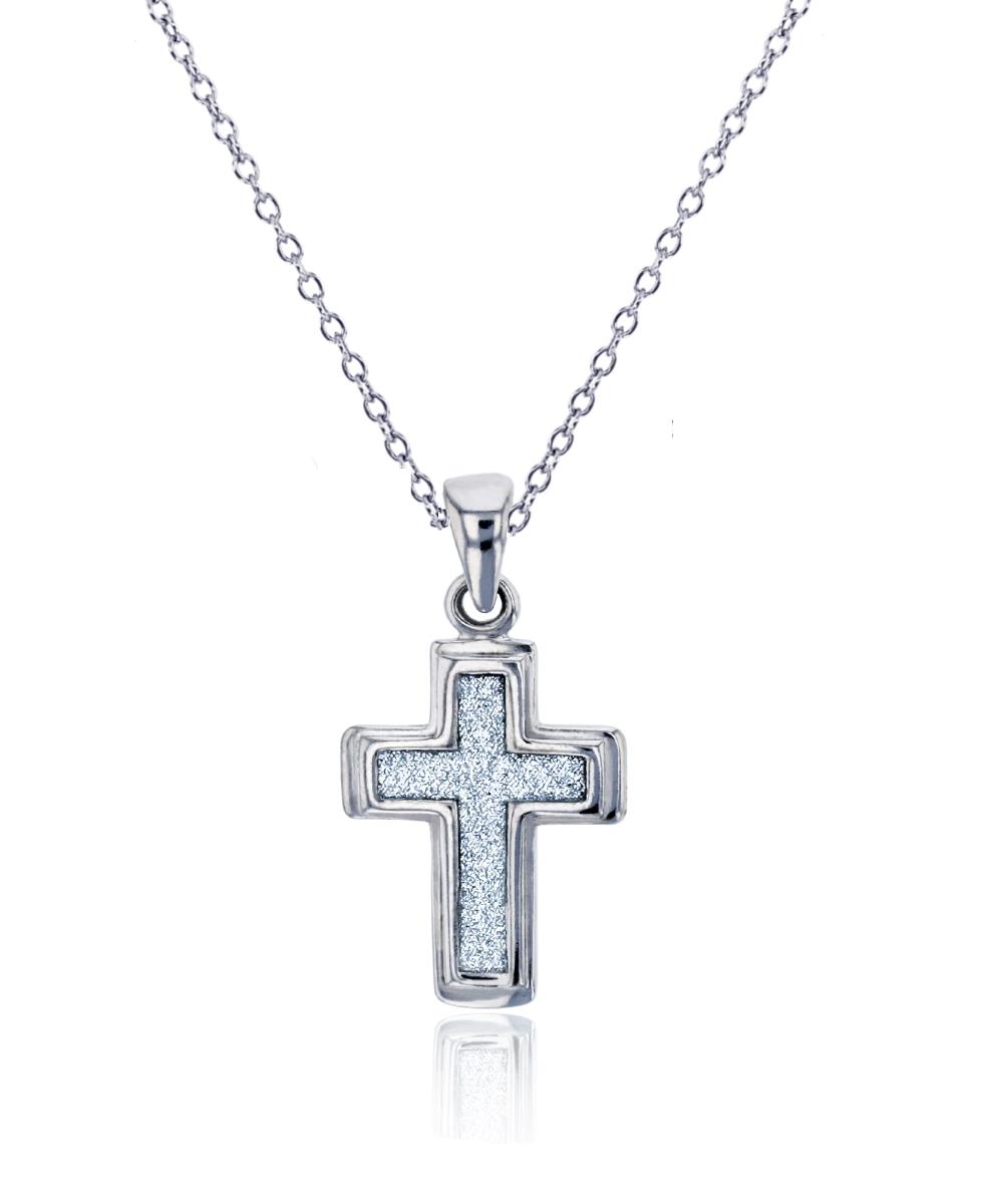 Sterling Silver Rhodium 25x12mm Glitter Cross 18" Necklace
