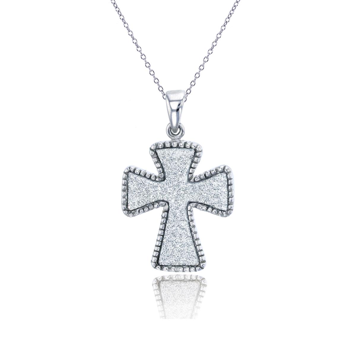 Sterling Silver Rhodium 27x16mm Milgrain & Glitter Cross 18" Necklace