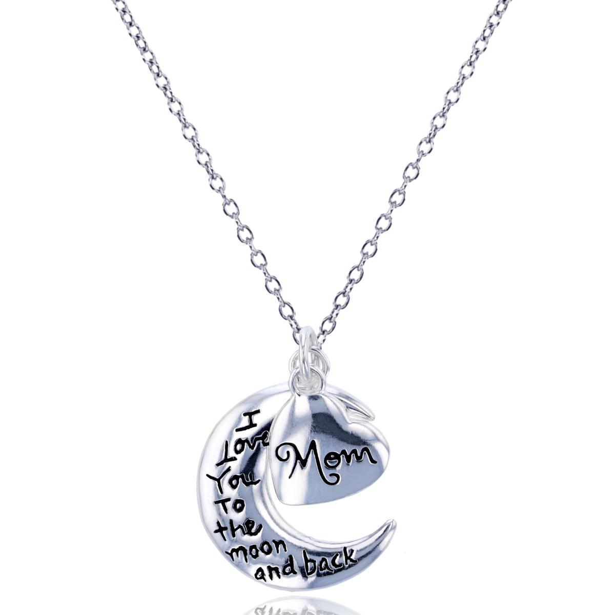 Sterling Silver Rhodium "I Love You To The Moon & Back" Moon & "Mom" Heart 18" Necklace