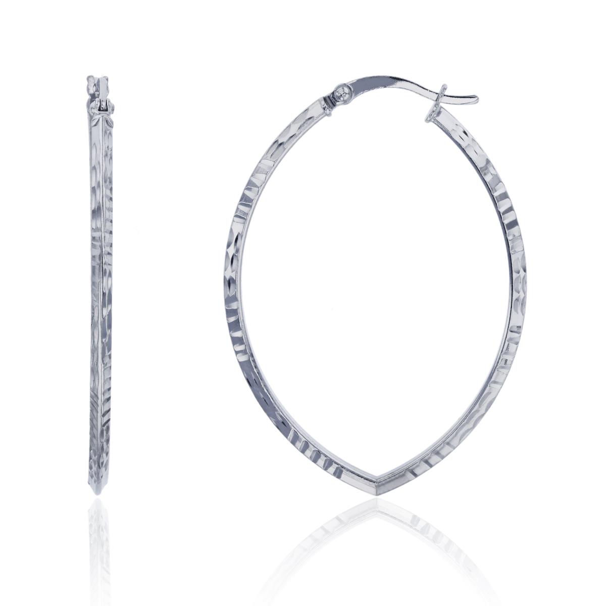 Sterling Silver Rhodium 40x2mm DC & Textured Marquise Shaped Hoop Earring