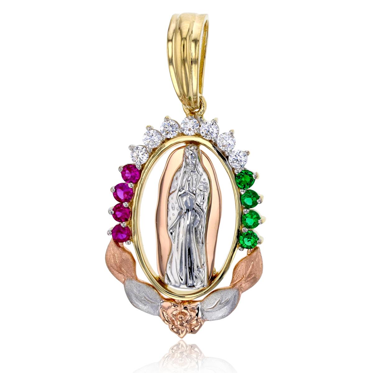 14K Gold Tricolor 45x21mm Virgin Mary Ruby Emerald White Pendant