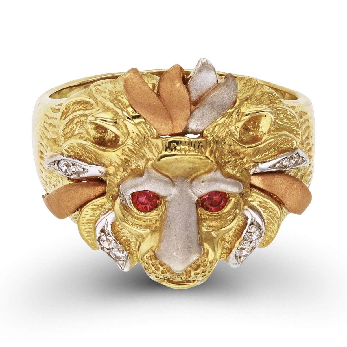14K Gold Tricolor 21mm Lion Ruby & White Ring
