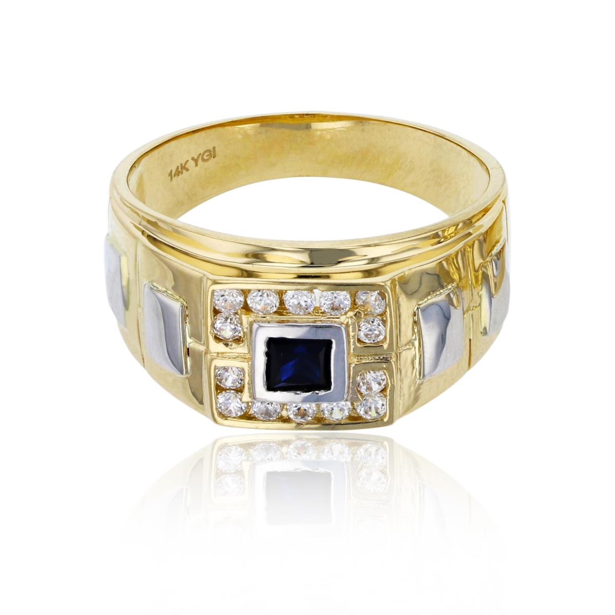 14K Gold Yellow & White 12mm Blue Sapphire Square Ring
